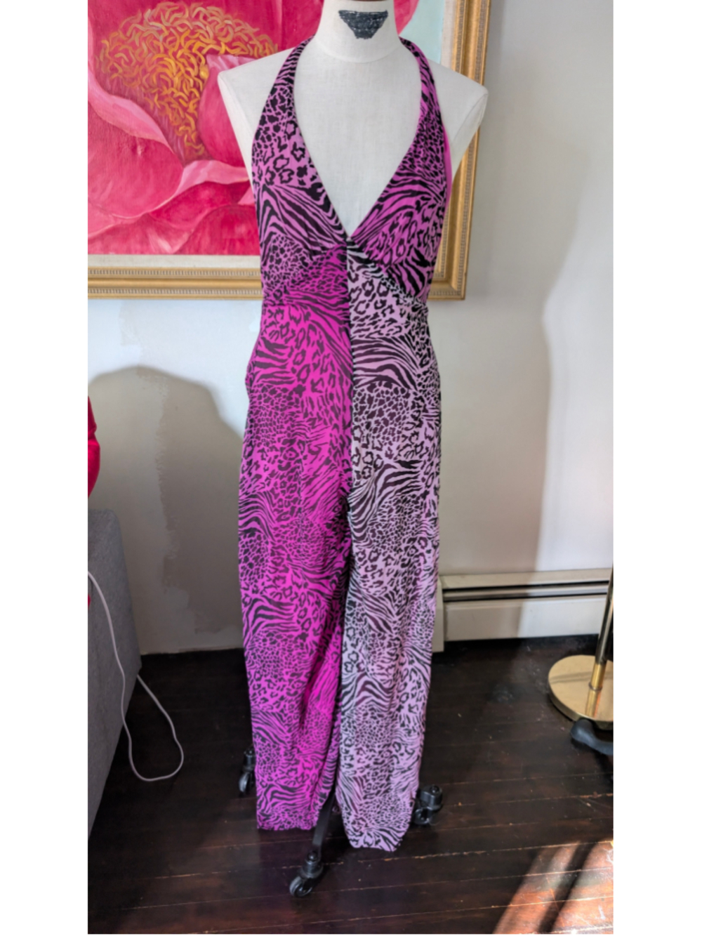 Rare silk Betsey Johnson Vintage animal Print Halter Jumpsuit